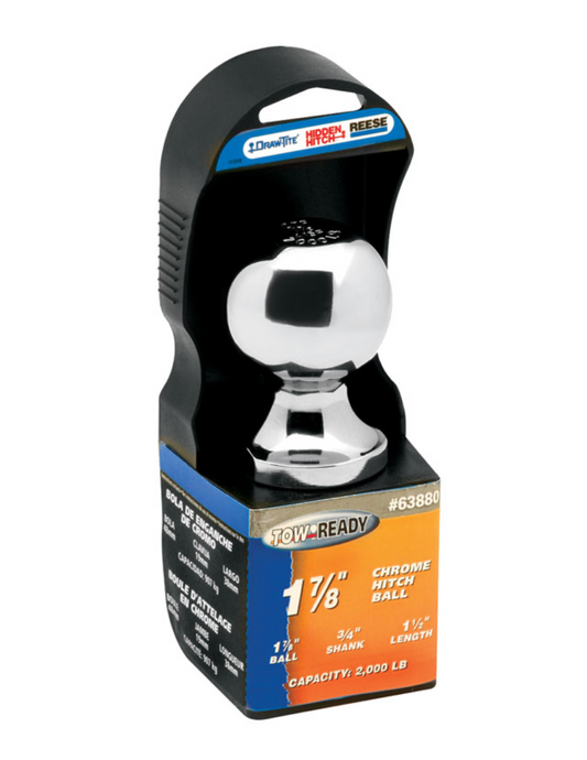 Trailer Hitch Ball | 1-7/8 Inch Diameter | 2,000 lbs. Capacity | 1 Inch Shank Diameter | 2-1/8 Inch Shank Length | Chrome